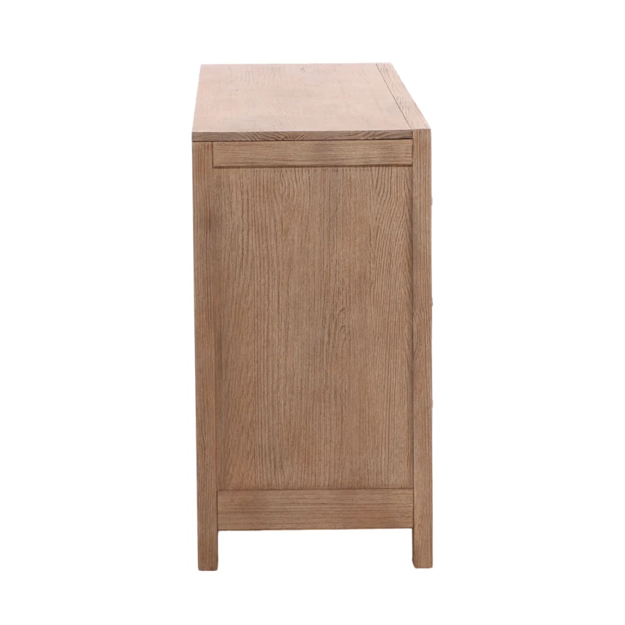 Dresser by Dovetail Emmalyn in solid pine wood and veneer with light warm wash finish, rectangular boxy frame on legs