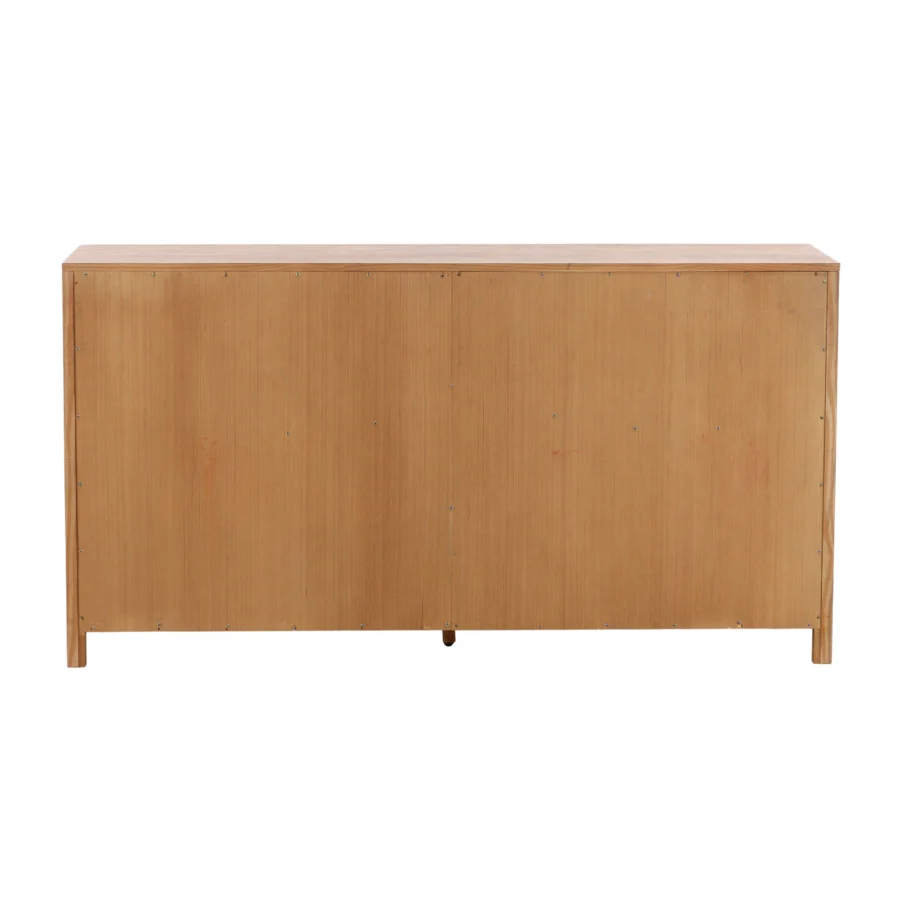 Dresser by Dovetail Emmalyn in solid pine wood and veneer with light warm wash finish, six drawers and straight legs