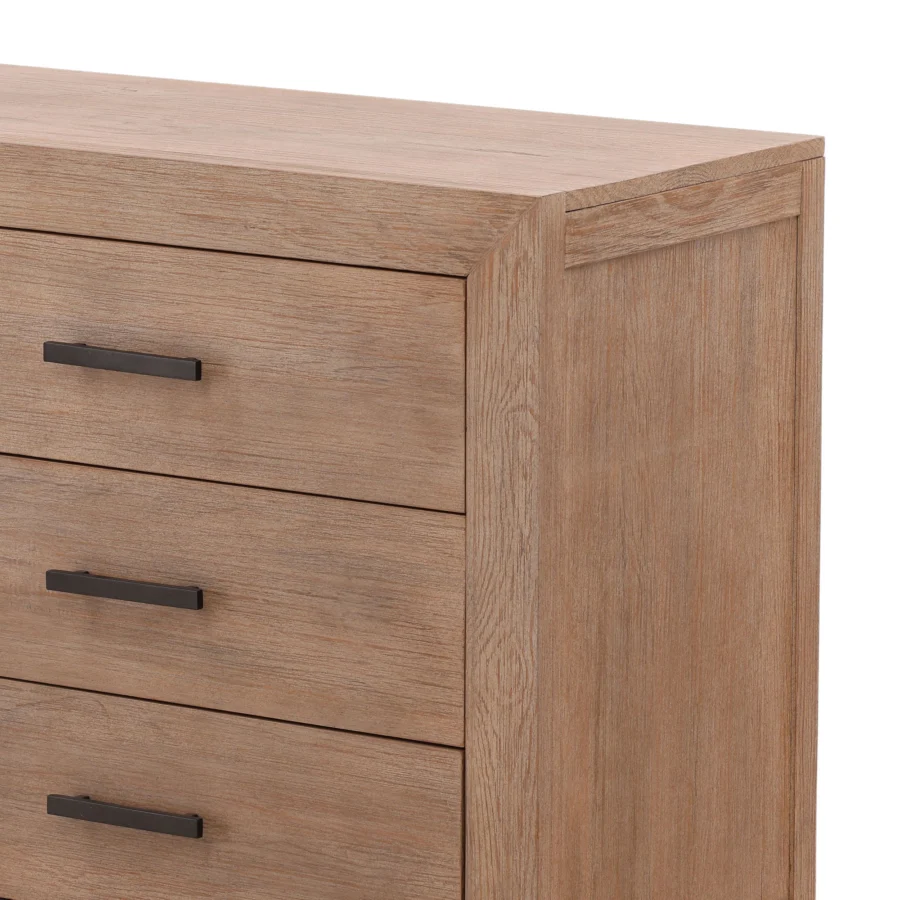 Dresser by Dovetail Emmalyn in solid pine wood and veneer with light warm wash finish plus six matte black metal…