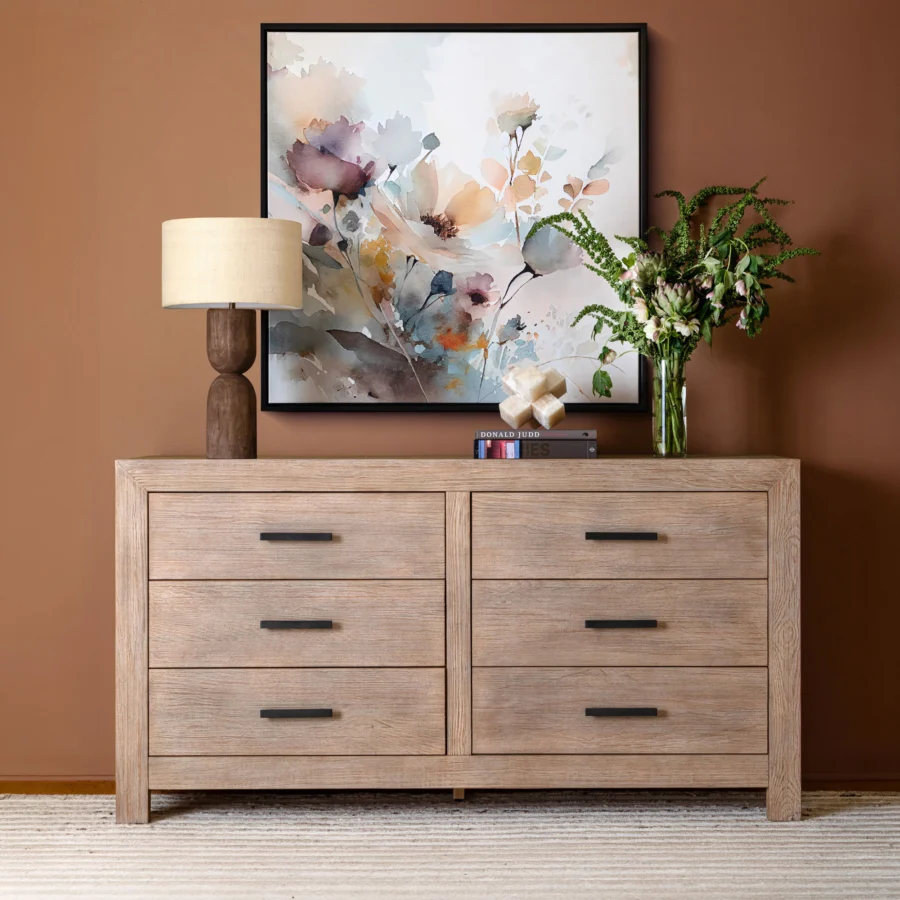 Dresser by Dovetail in solid pine wood and veneer with light warm wash finish, six drawers and matte black metal…