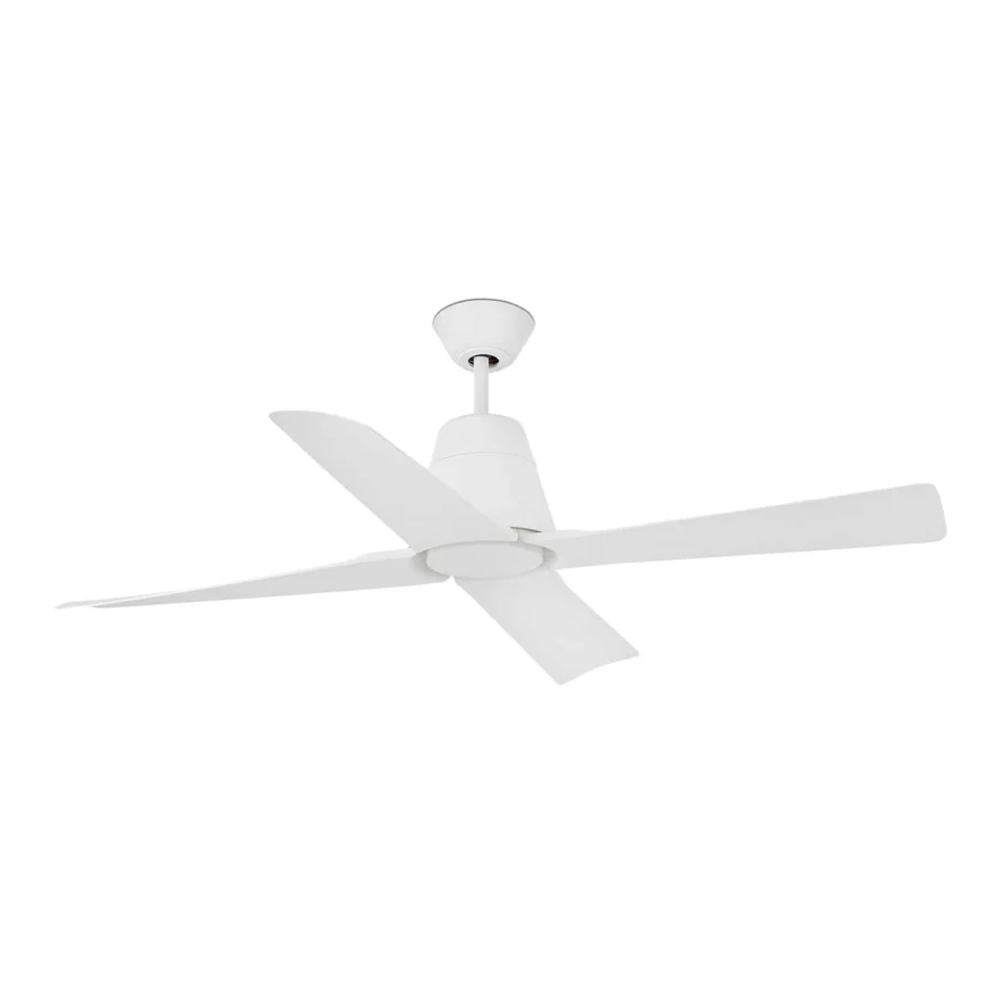 Ceiling fan by Faro Barcelona in matte white metal with four blades and a functional downrod for sloped surface mounts