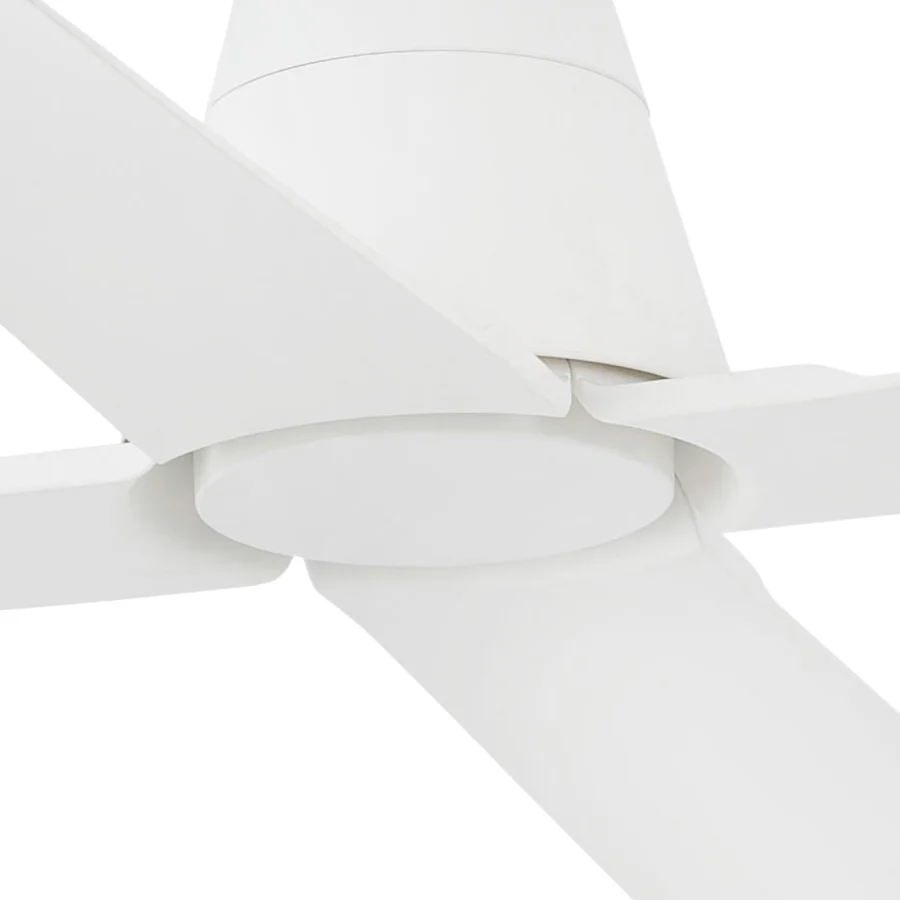 Ceiling fan by Faro Barcelona in matte white with geometric housing and radially extending blades for sloped installation