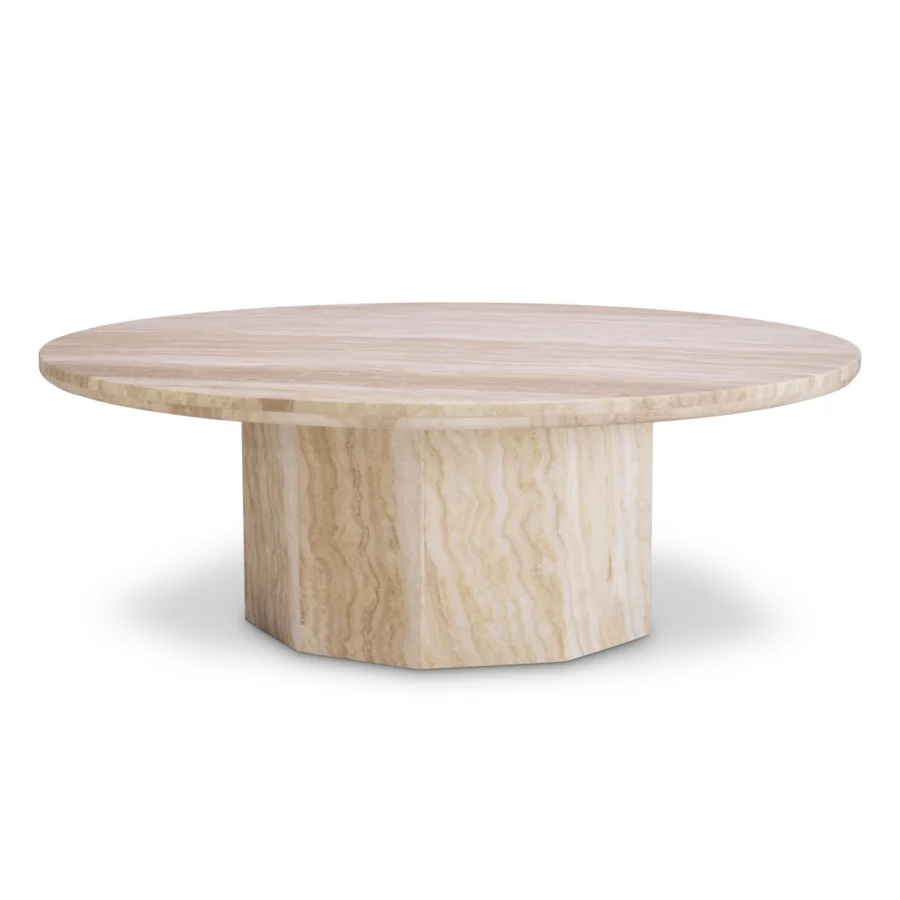 Coffee table by Eichholtz in warm beige travertine with a smooth polished finish and round tabletop on faceted pedestal base