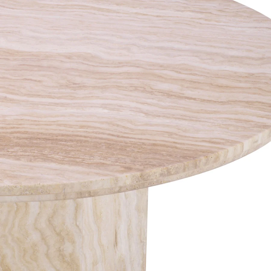 Coffee table by Eichholtz featuring round travertine tabletop cylindrical pedestal base polished finish beige cream light brown off white