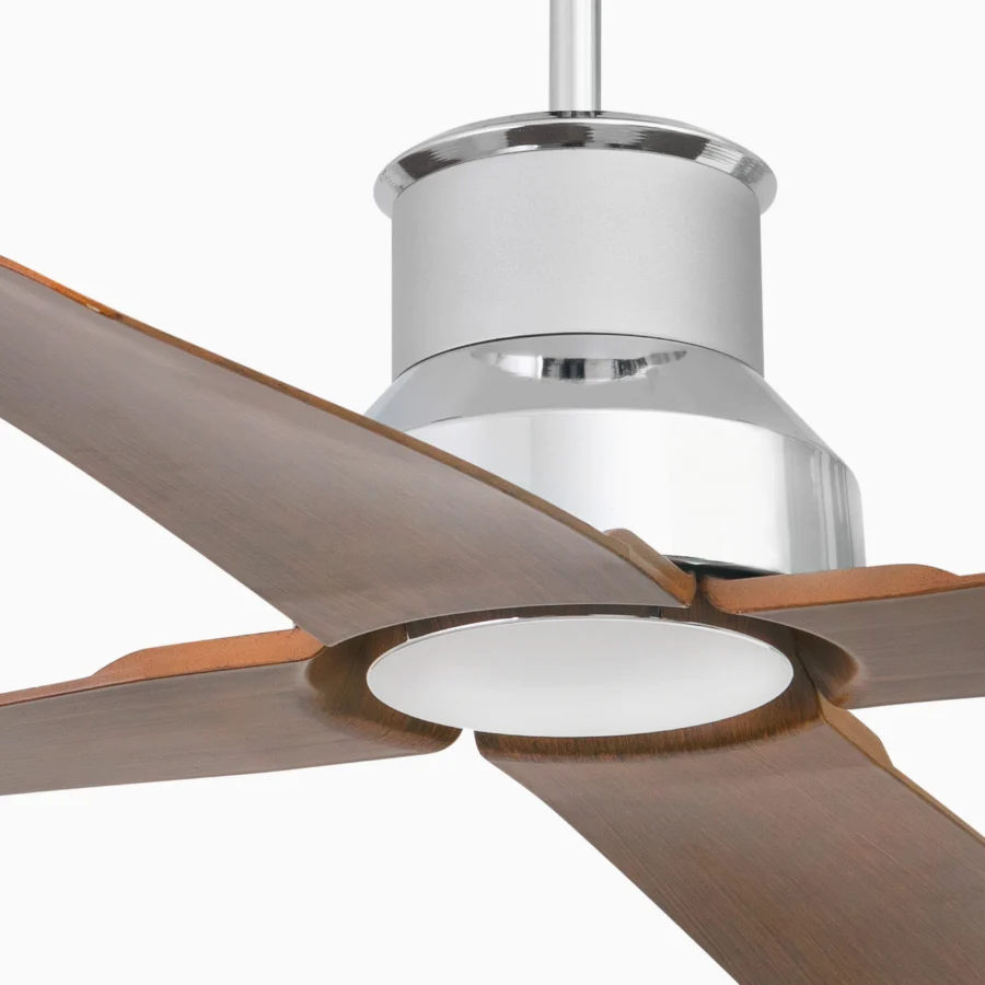 Ceiling fan by Faro Barcelona featuring metallic chrome housing with brushed finish plus brown wood blades and white cover