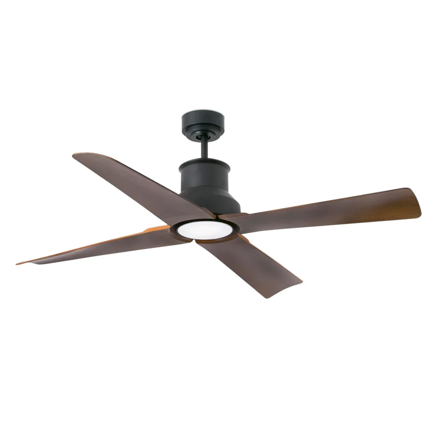 Ceiling fan by Faro Barcelona featuring matte black metal housing plus dark wood grain blades and integrated LED light