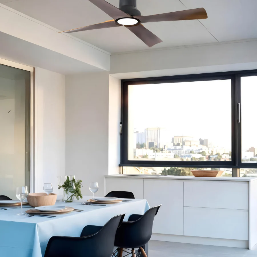Ceiling fan by Faro Barcelona featuring matte black metal and wood blades with linear grain plus an opaque white light…