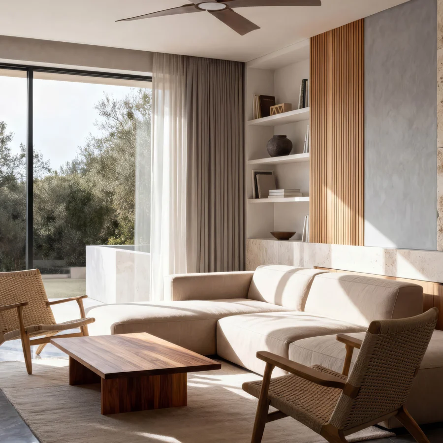 Ceiling fan by Faro Barcelona in polished metallic silver finish with brown wood composite blades and integrated light