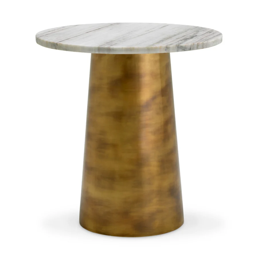 Side table by Eichholtz Nuova in white marble with grey veining on a tapered truncated cone base in vintage brass…