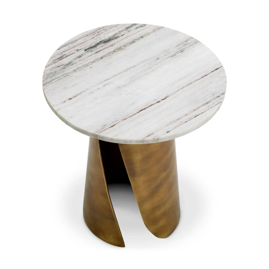 Side table by Eichholtz Nuova in white marble with grey and reddish-brown veining on a conical metal base in vintage…