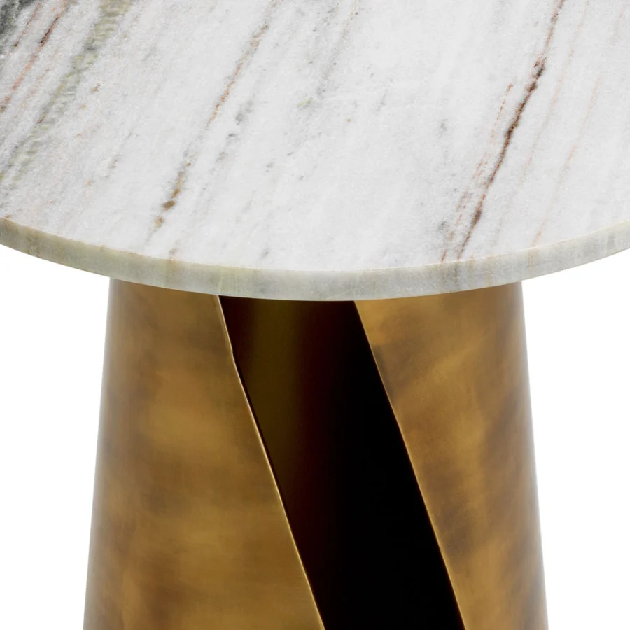 Side table by Eichholtz in white marble with grey and reddish-brown veining, plus a cylindrical vintage brass metal base