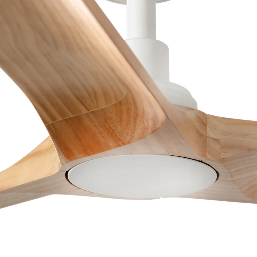 Ceiling fan by Faro Barcelona with light tan wood blades and a solid matte white metal motor housing plus matching…