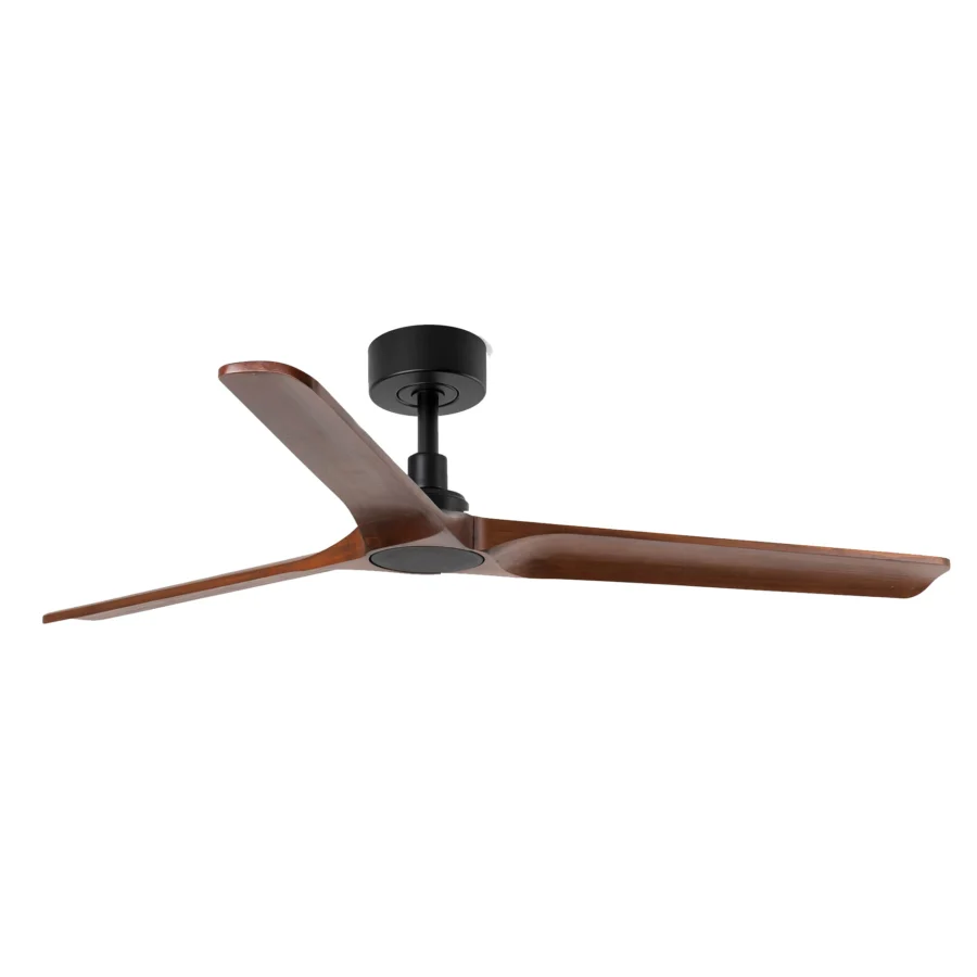 Ceiling fan by Faro Barcelona in wood with a matte black metal mounting canopy and downrod