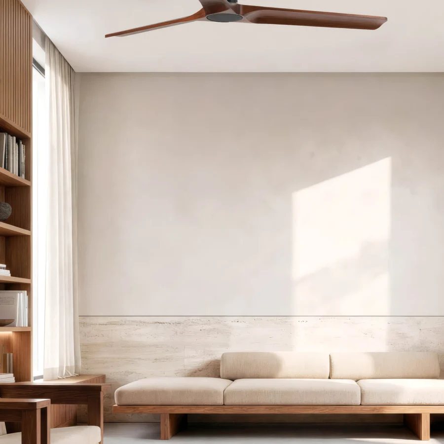 Ceiling fan by Faro Barcelona featuring curved wood blades in medium brown with visible grain and matte black metal housing