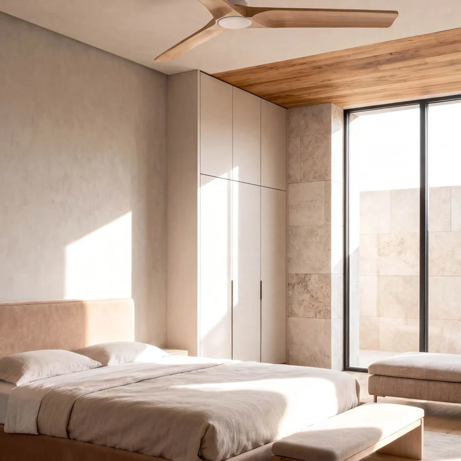 Ceiling fan by Faro Barcelona having wood blades alongside white painted metal housing and downrod