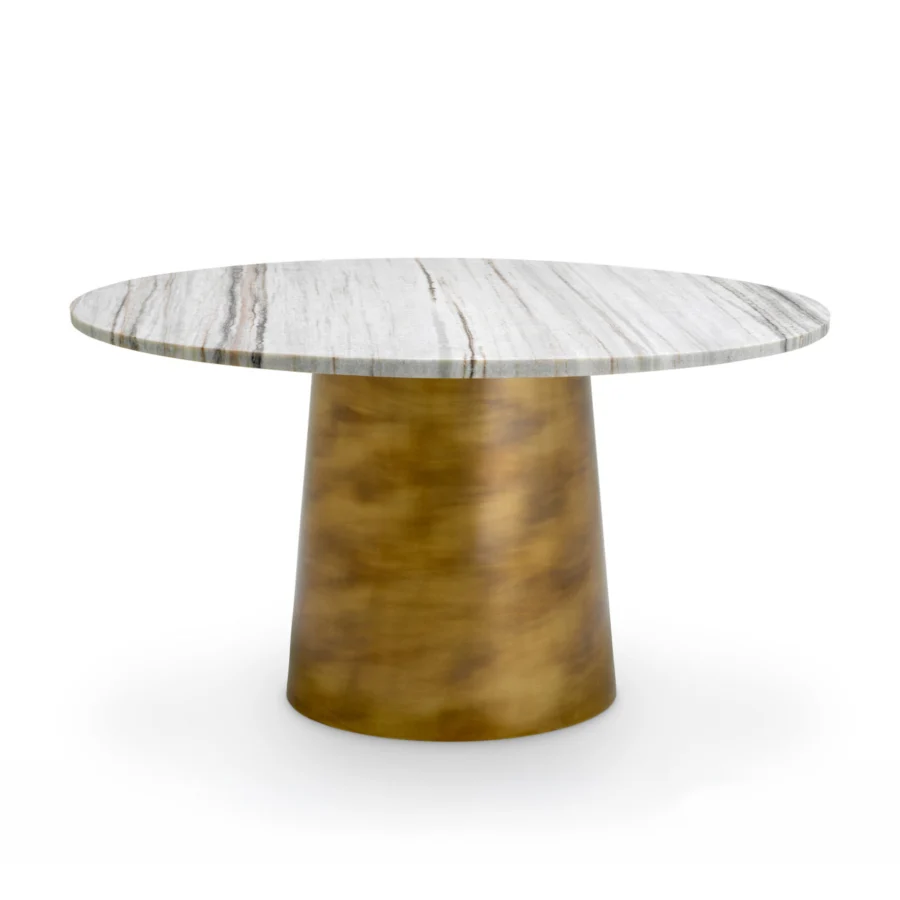 Coffee table by Eichholtz Nuova in white marble with grey and brownish-pink veining on a brushed vintage brass drum base
