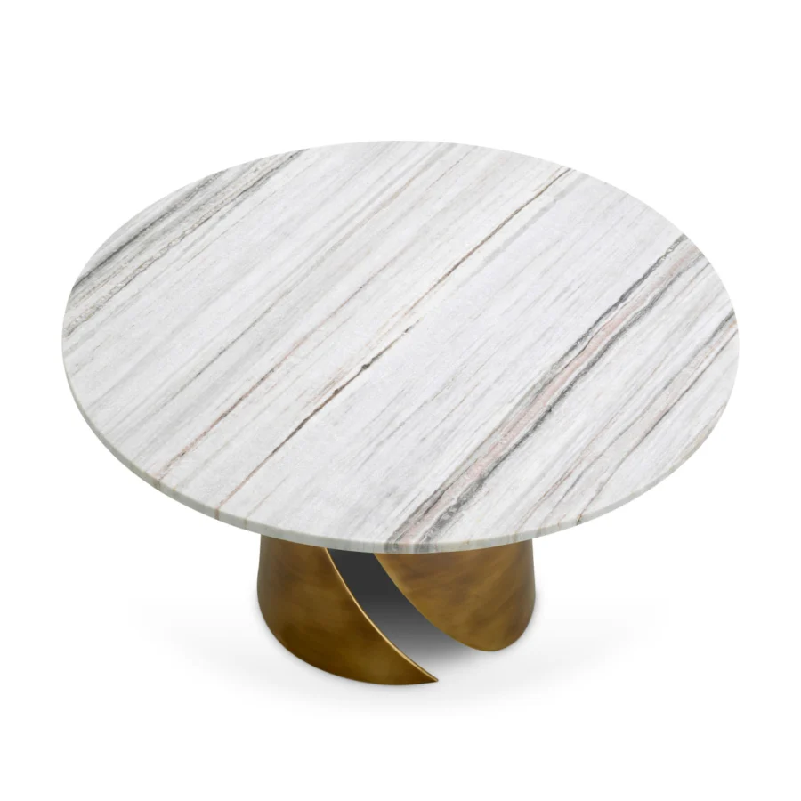 Coffee table by Eichholtz Nuova in white marble with grey and reddish-brown veining on a vintage brass metallic pedestal
