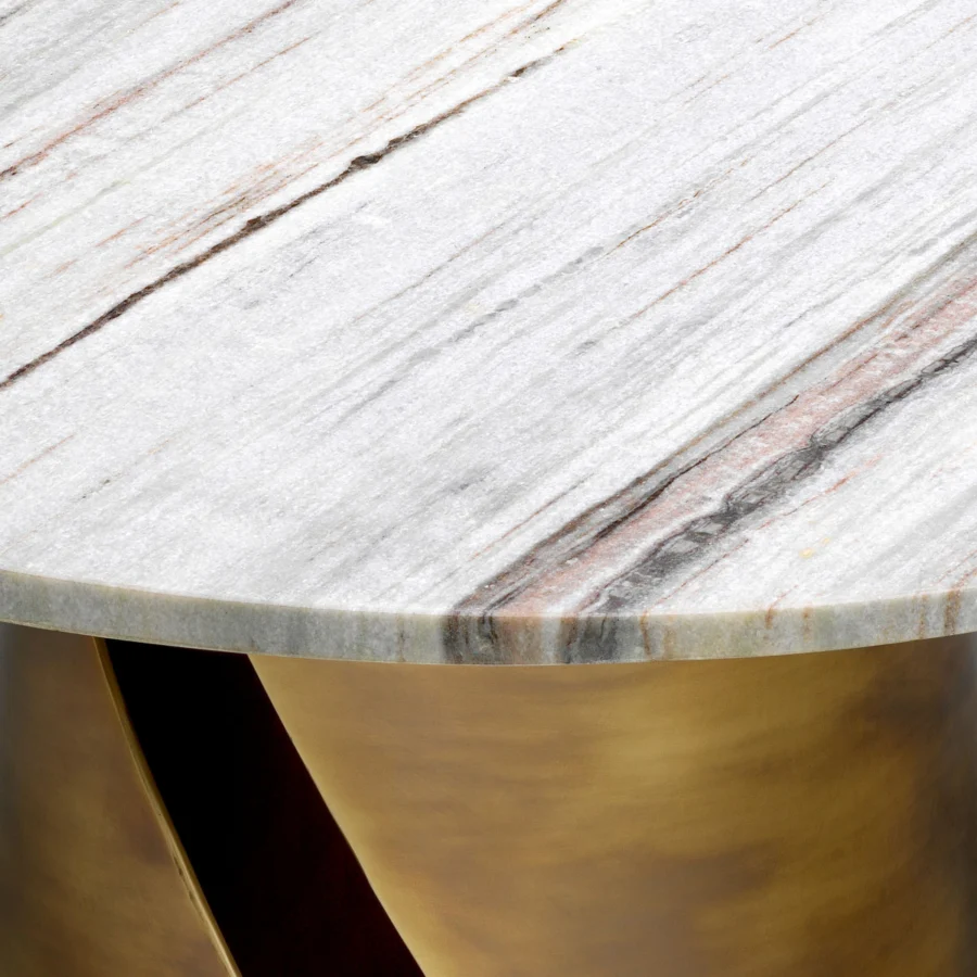 Coffee table by Eichholtz Nuova featuring a circular white marble top, grey veining, and copper tones over a conical brass…