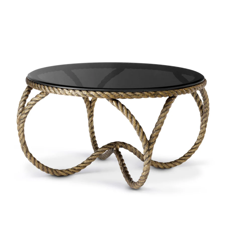 Coffee table by Eichholtz featuring a round smoked glass top, vintage brass finished metal base and twisted rope design