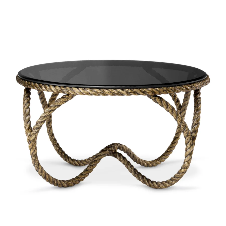 Coffee table by Eichholtz with round smoked glass top and metal base in antique gold and dark bronze twisted rope…