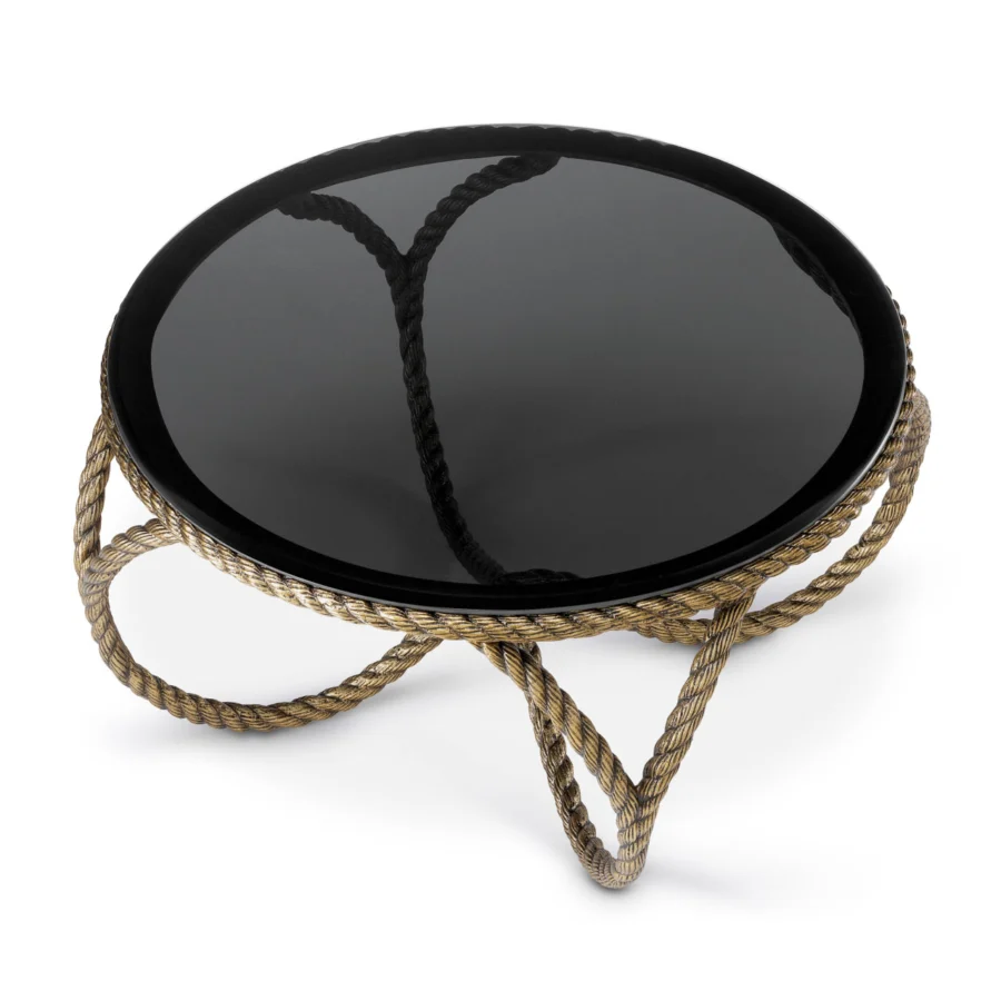 Coffee table by Eichholtz with round smoked glass top and sculptural twisted rope base in vintage brass metallic finish