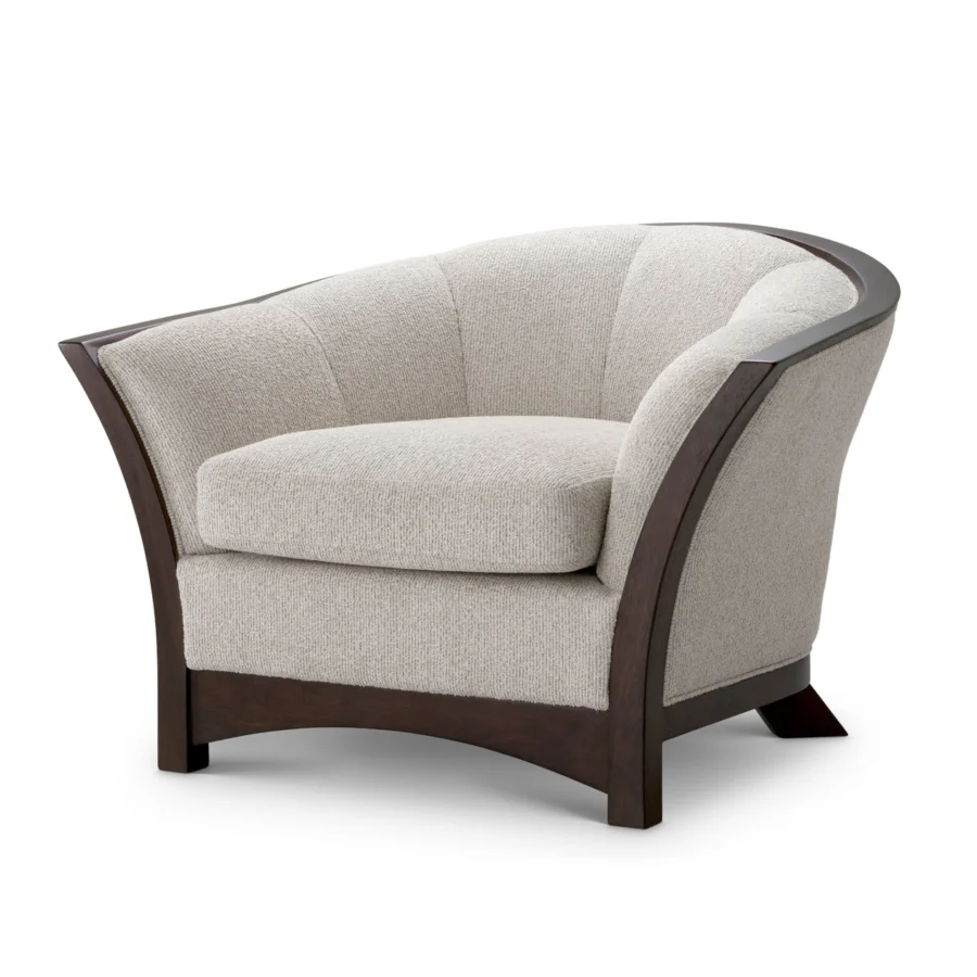 Lounge chair by Eichholtz with dark wood finish and Palmer Beige upholstery featuring vertical channels