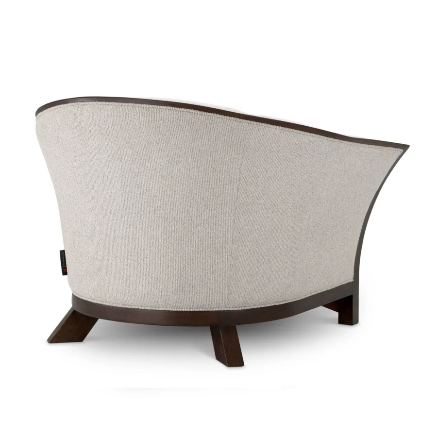 Lounge chair by Eichholtz featuring Palmer Beige textured fabric upholstery, dark-stained mahogany-look wood frame, matte finish, and angled legs