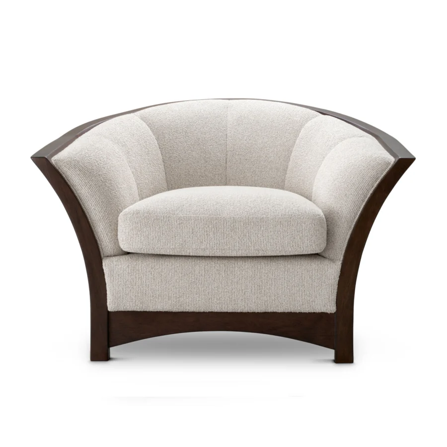 Lounge chair by Eichholtz Bleecker in Palmer Beige woven fabric with channel tufted back and dark brown wood satin finish