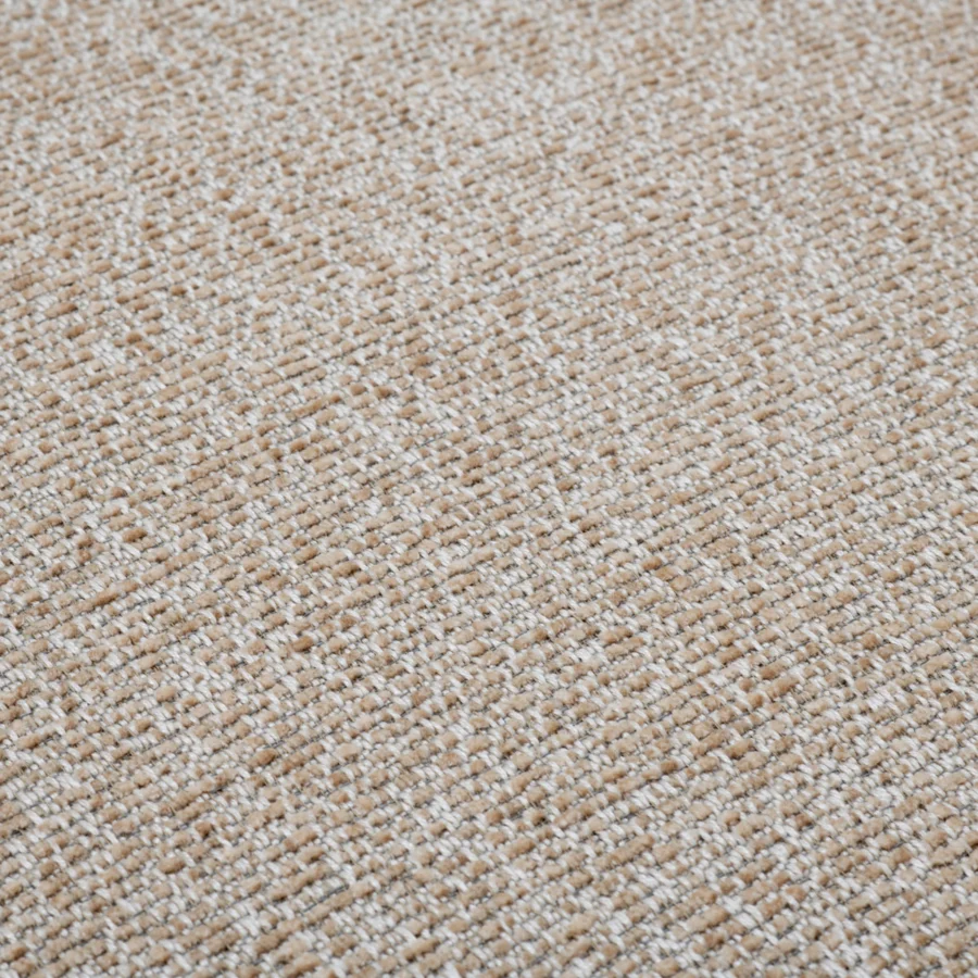 Sofa by Eichholtz in Palmer Beige woven upholstery with speckled off-white light gray threads and mahogany finish frame