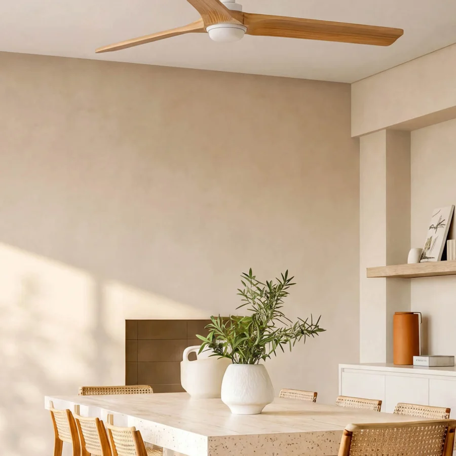 Ceiling fan by Faro Barcelona featuring light wood blades and white finish with integrated lighting