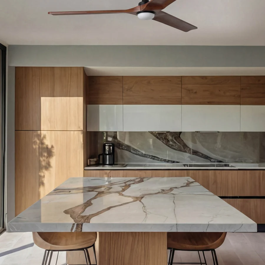 Ceiling fan by Faro Barcelona with curved wood blades in medium brown grain and a central LED light in matte…