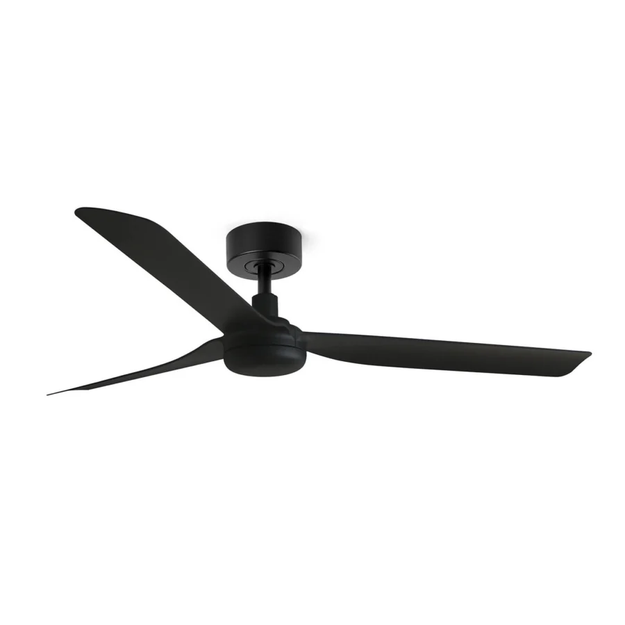 Ceiling fan by Faro Barcelona Punt in metal with matte black finish, constructed as a three blade low profile appliance