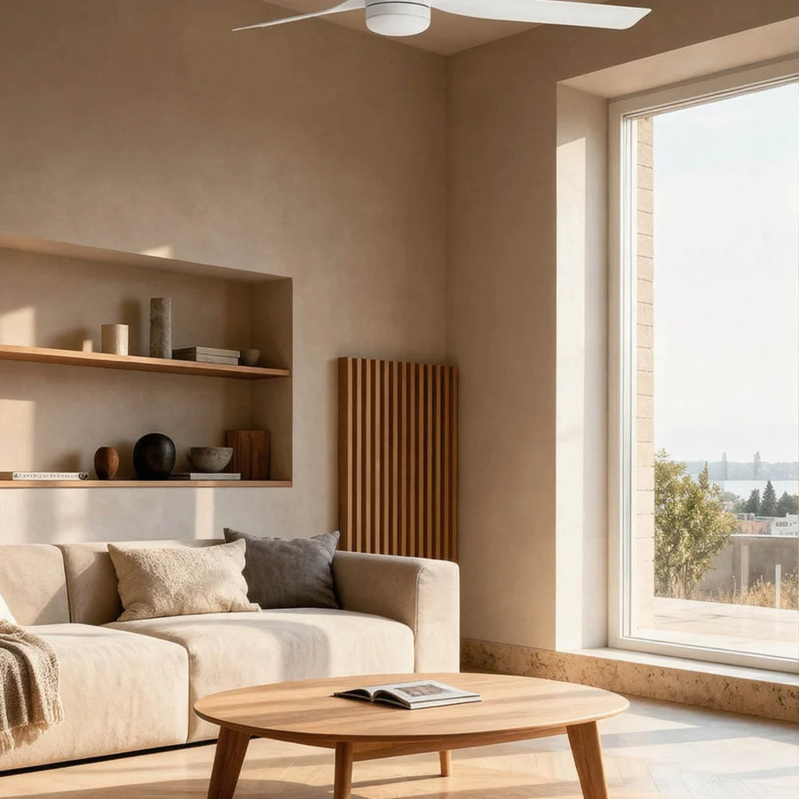 Ceiling fan by Faro Barcelona in matte white metal with a three blade design plus a downrod for various climate…