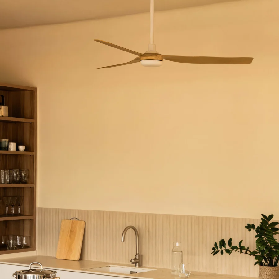 Ceiling fan by Faro Barcelona featuring white metal canopy, downrod, three natural wood grain blades, and circular light diffuser