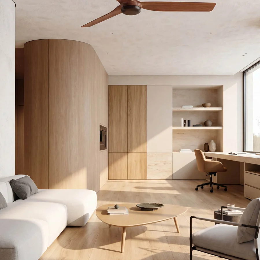 Ceiling fan by Faro Barcelona with wood blades in medium brown satin finish and matte metal motor housing plus downrod