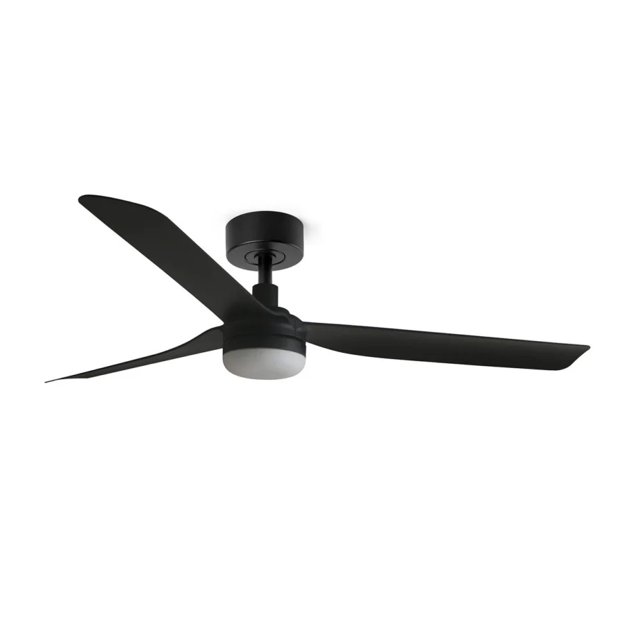 Ceiling fan by Faro Barcelona in metal and plastic, featuring matte black curved blades and frosted light dome