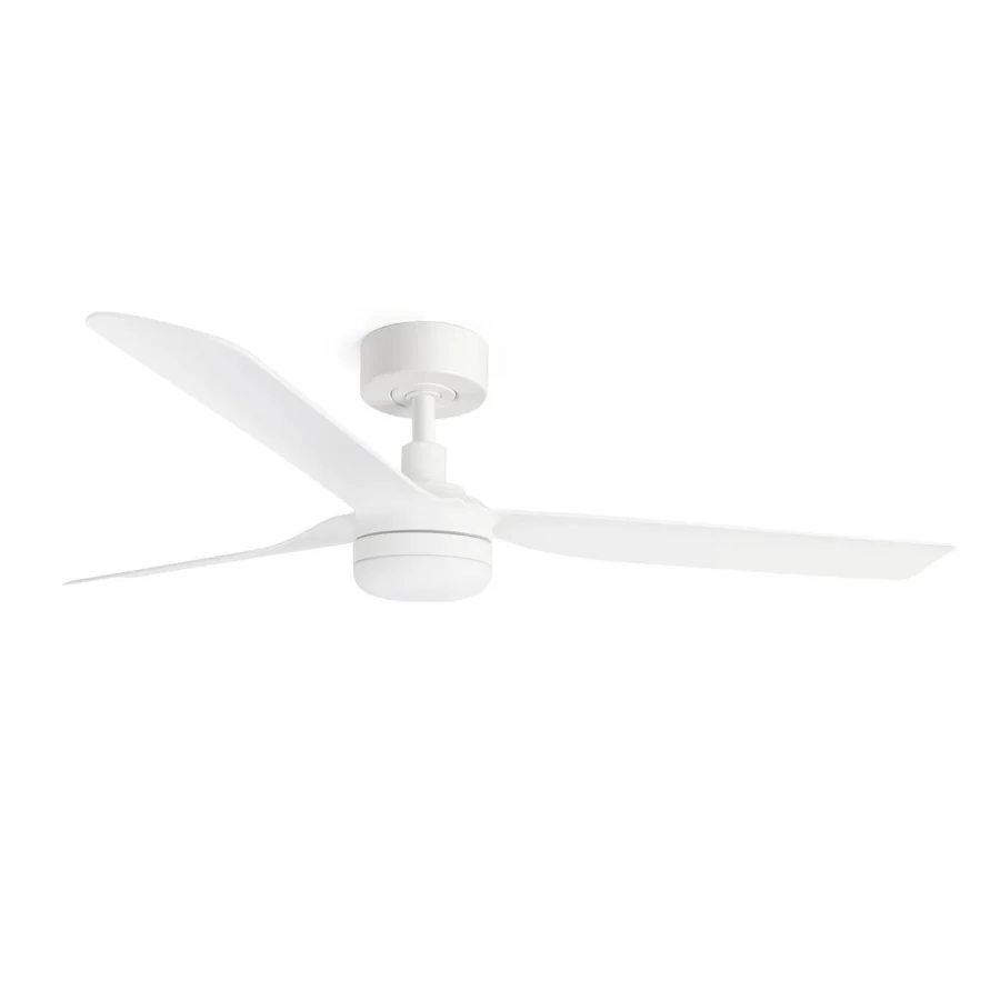 Fan by Faro Barcelona in solid white, built from metal and plastic with matte finish, holding integrated LED lighting