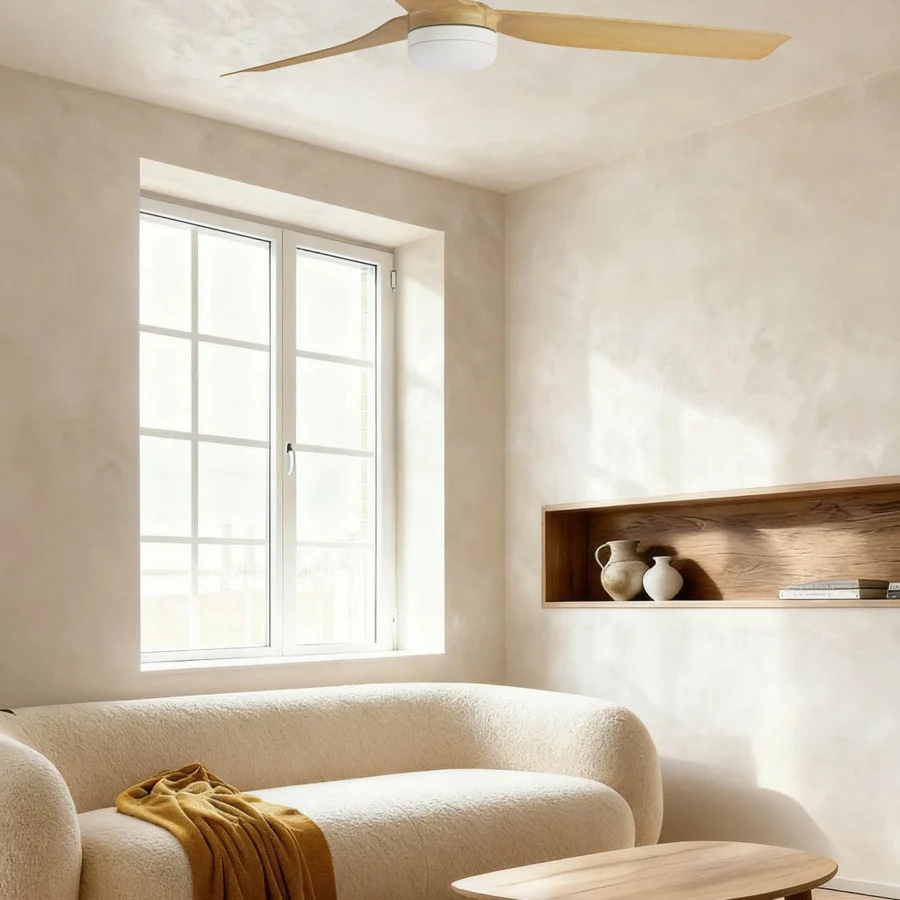 Ceiling fan by Faro Barcelona featuring metal motor housing in white finish and natural light wood grain blades