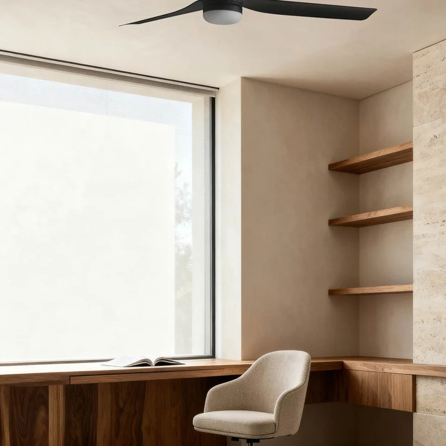 Ceiling fan by Faro Barcelona in matte black metal with three angular tapered blades and an integrated LED light diffuser