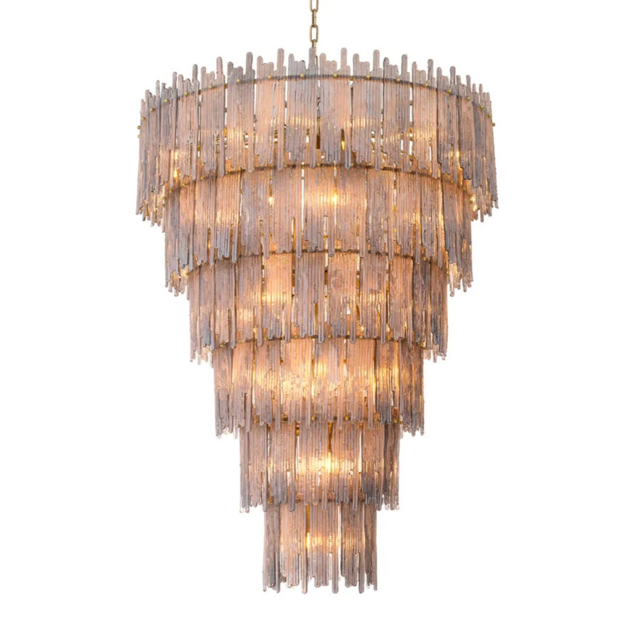 Chandelier by Eichholtz Saint Roch with six tiers of smoked glass panels in grey and pink upon brushed brass metal…