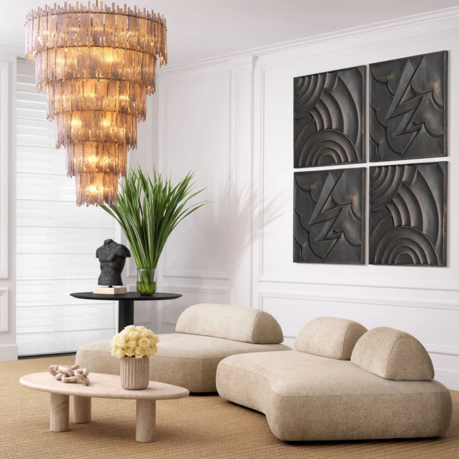 Chandelier by Eichholtz in smoked glass rods with a brushed brass finish frame