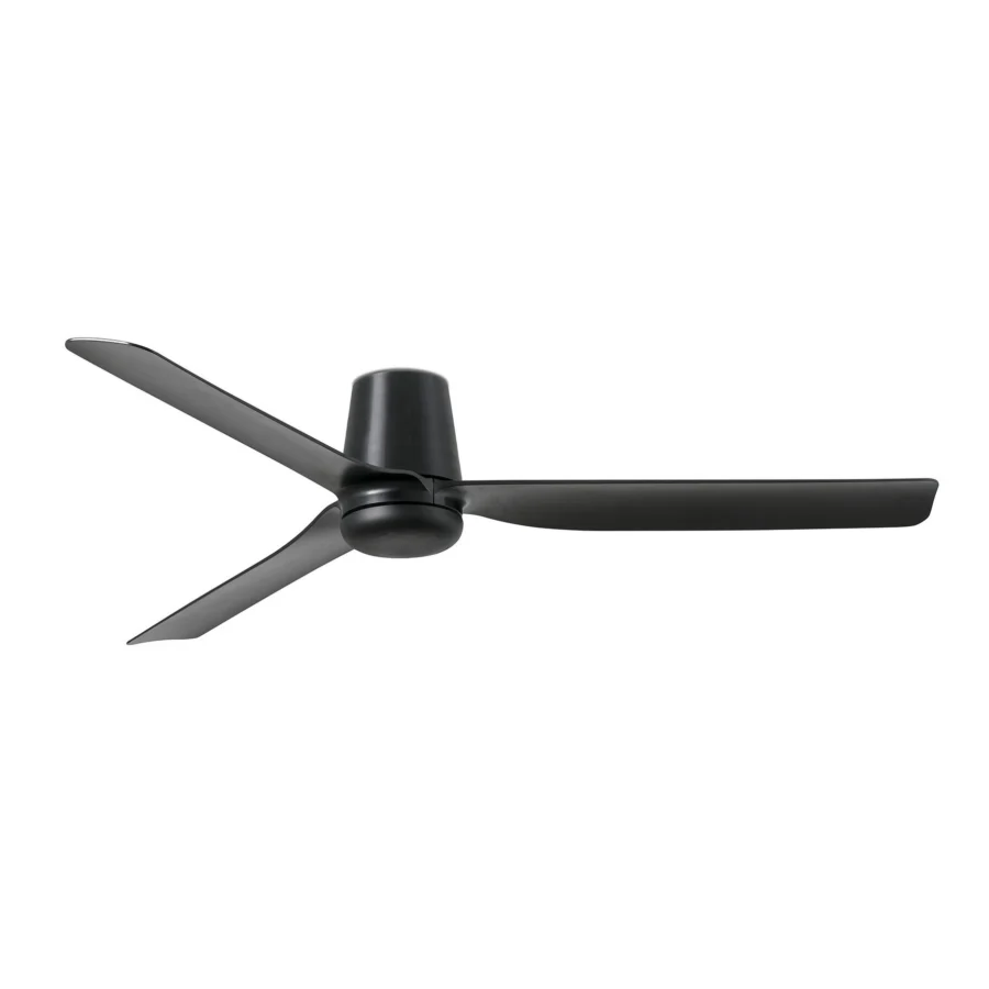 Ceiling fan by Faro Barcelona in matte black metal with three elongated blades and a geometric low profile silhouette