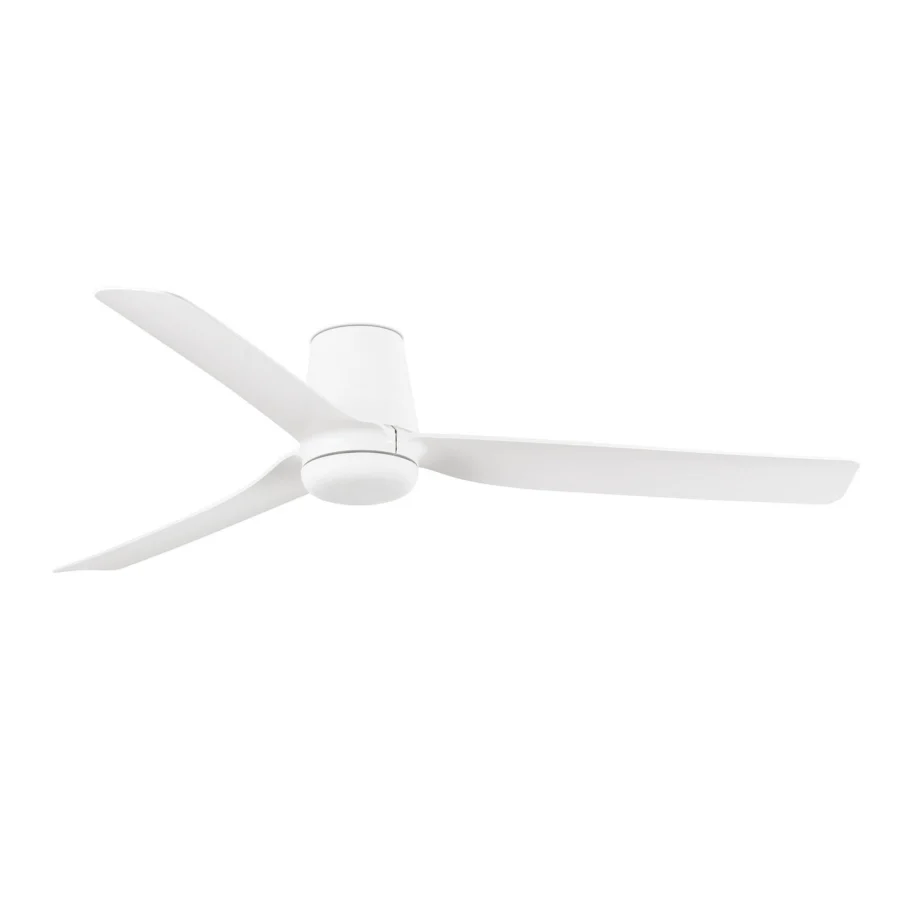 Ceiling fan by Faro Barcelona in matte white metal housing alongside composite or wood blades