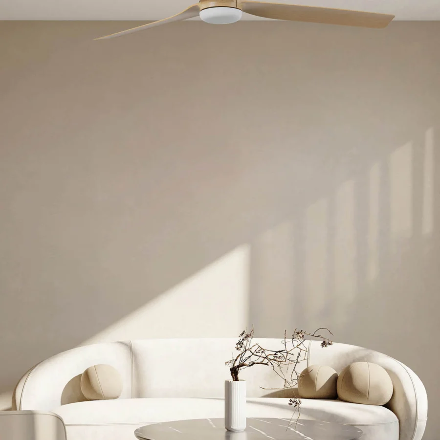 Ceiling fan by Faro Barcelona featuring matte white motor housing alongside three light wood grain blades
