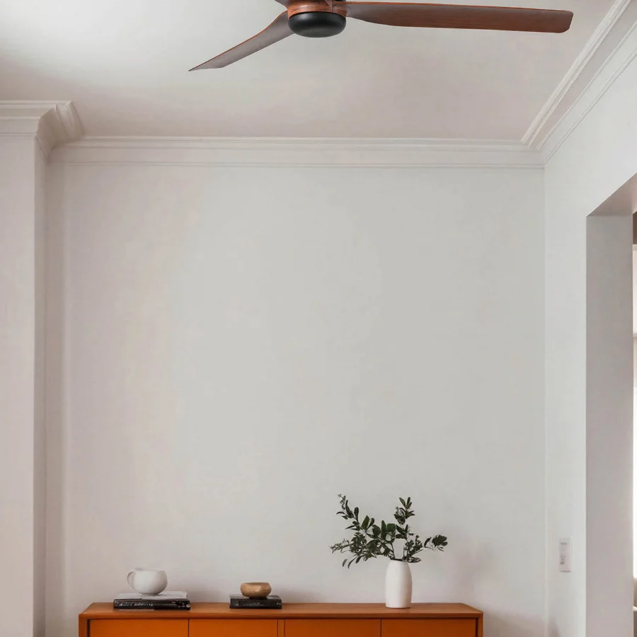 Ceiling fan by Faro Barcelona Punt Tub with matte black metal motor housing and three medium brown wood veneer blades