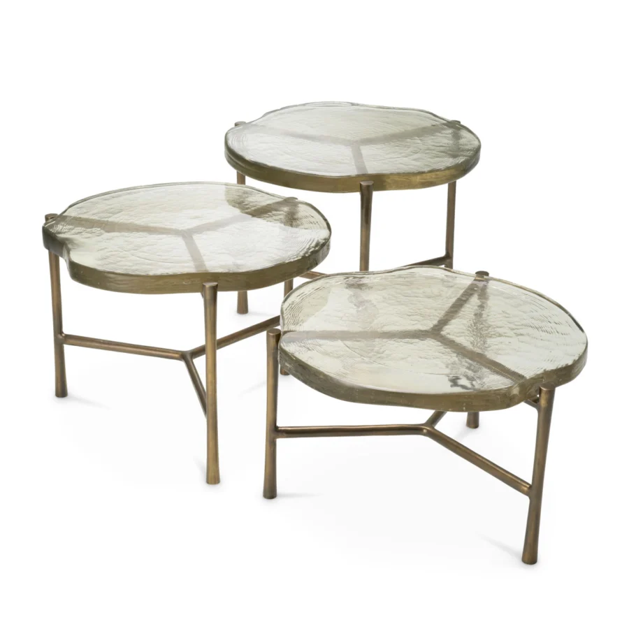Coffee table set by Eichholtz Baldovini with organic free-form greenish-brown glass tops and vintage brass finish legs