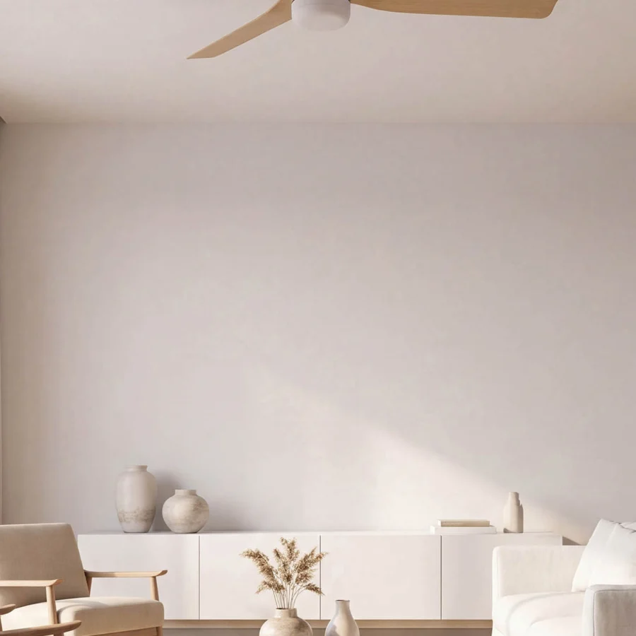 Ceiling fan by Faro Barcelona with natural wood blades and central housing plus light cover in a smooth matte white…