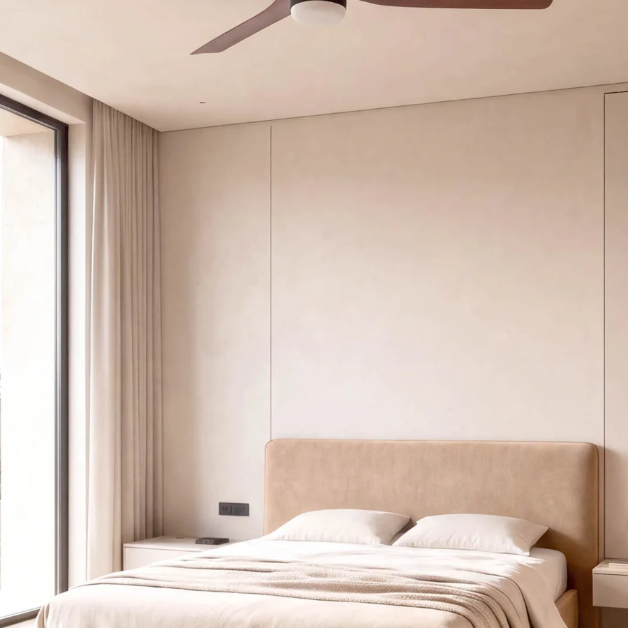 Ceiling fan by Faro Barcelona featuring a matte dark housing, wood veneered blades, and a white light diffuser