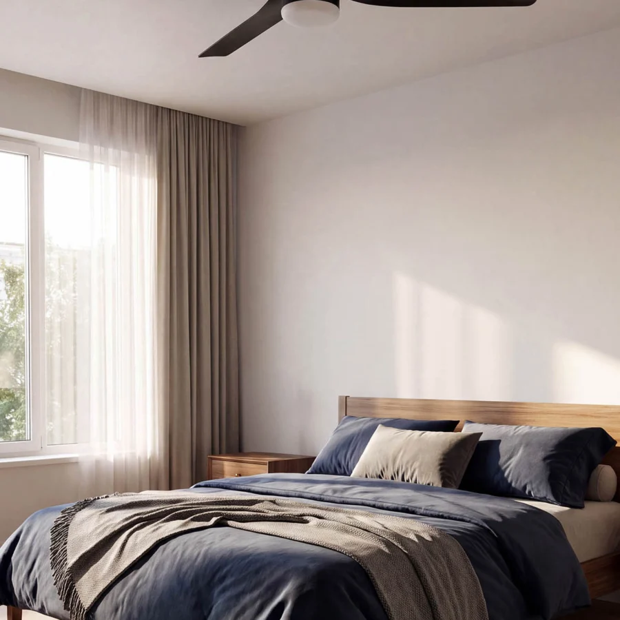 Ceiling fan by Faro Barcelona in dark charcoal metal with a matte finish and a translucent white center glass light…