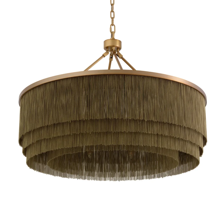 Suspension lamp by Eichholtz, model Tissot, featuring tiered drum chains made from metal with antique brass finish